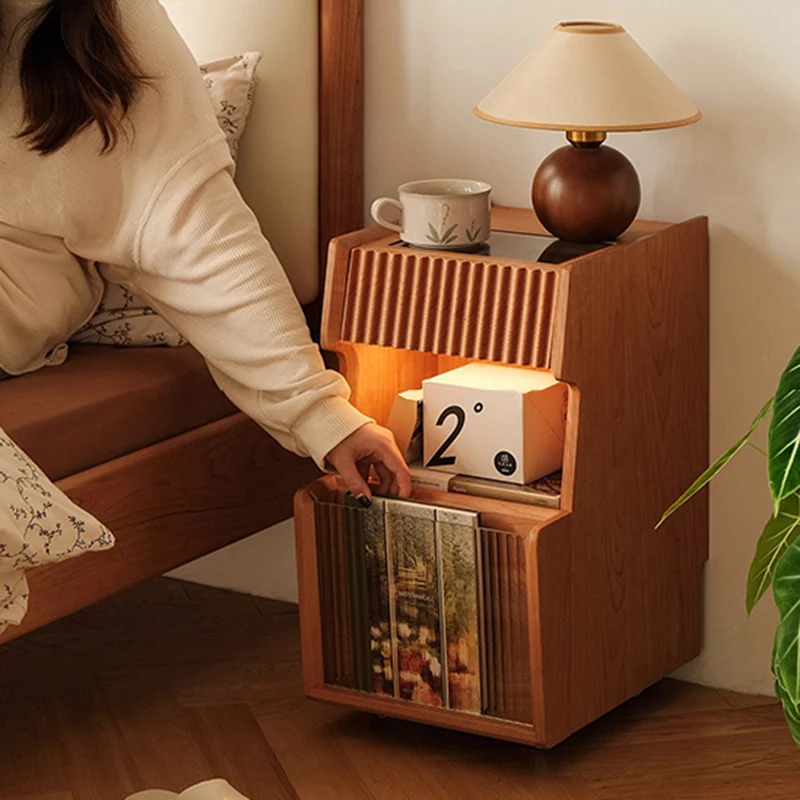 Traditional Japanese Cherry Wood Glass Square Movable Nightstand Drawer Storage Shelf For Bedroom