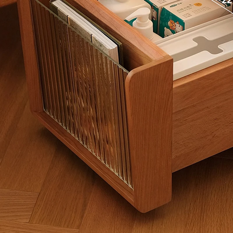 Traditional Japanese Cherry Wood Glass Square Movable Nightstand Drawer Storage Shelf For Bedroom