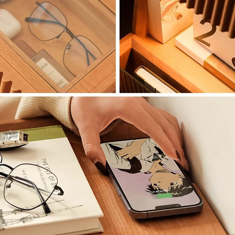 Traditional Japanese Cherry Wood Glass Square Movable Nightstand Drawer Storage Shelf For Bedroom