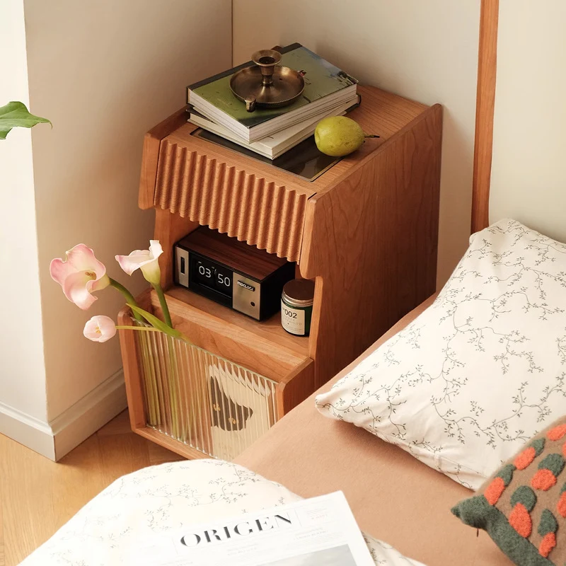 Traditional Japanese Cherry Wood Glass Square Movable Nightstand Drawer Storage Shelf For Bedroom