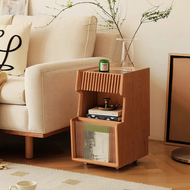 Traditional Japanese Cherry Wood Glass Square Movable Nightstand Drawer Storage Shelf For Bedroom