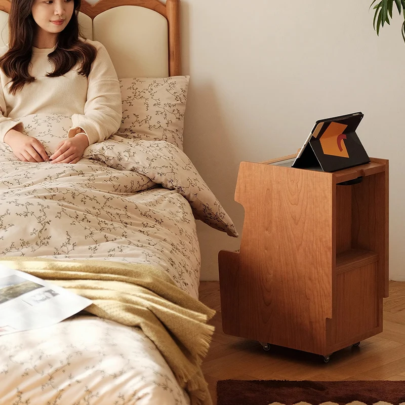 Traditional Japanese Cherry Wood Glass Square Movable Nightstand Drawer Storage Shelf For Bedroom
