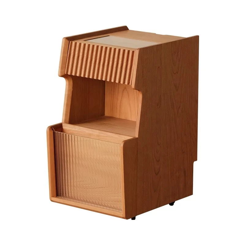 Traditional Japanese Cherry Wood Glass Square Movable Nightstand Drawer Storage Shelf For Bedroom