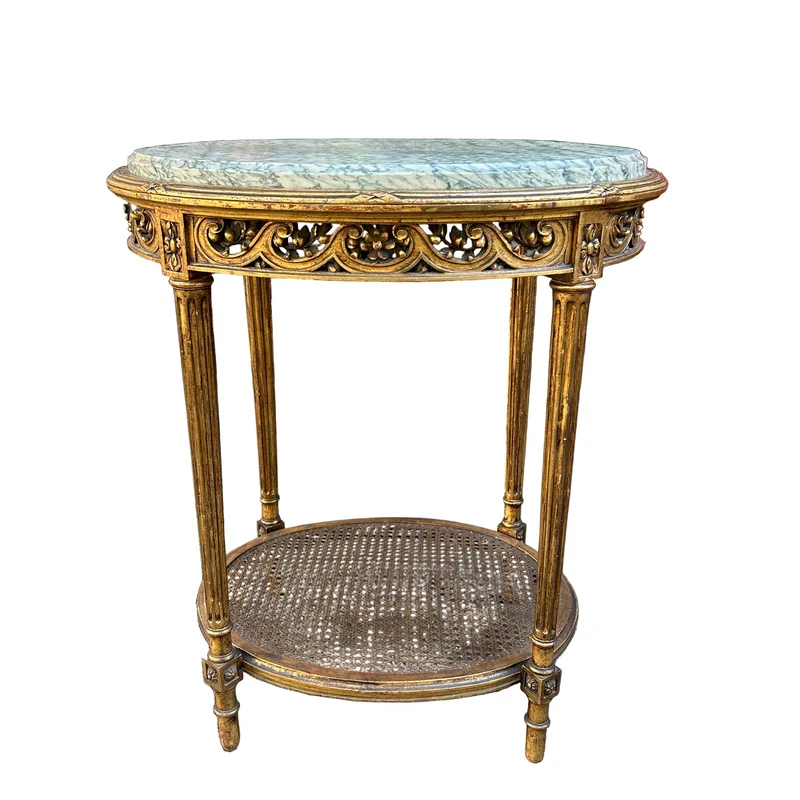 French Louis XVI side table carved in gilt reed and topped with veined green marble
