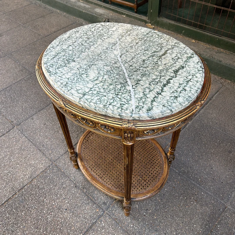 French Louis XVI side table carved in gilt reed and topped with veined green marble