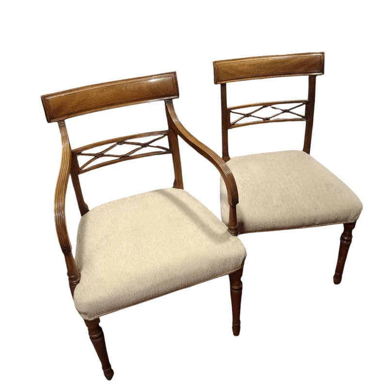 Set of English Edwardian style Maple & Co mahogany and elegant carving chairs and armchairs