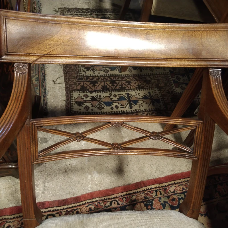 Set of English Edwardian style Maple & Co mahogany and elegant carving chairs and armchairs