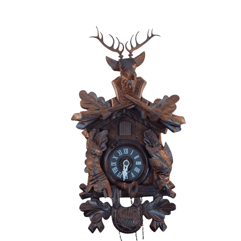 German wall clock carved wood deer