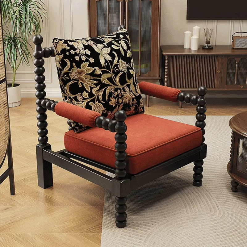 Traditional French Solid Wood Fabric Linen Upholstered Accent Chair With Backrest & Armrests For Living Room