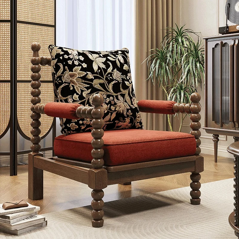 Traditional French Solid Wood Fabric Linen Upholstered Accent Chair With Backrest & Armrests For Living Room