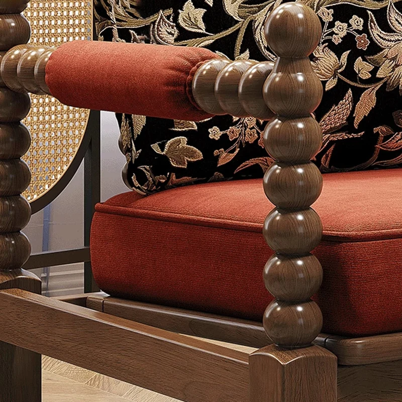 Traditional French Solid Wood Fabric Linen Upholstered Accent Chair With Backrest & Armrests For Living Room