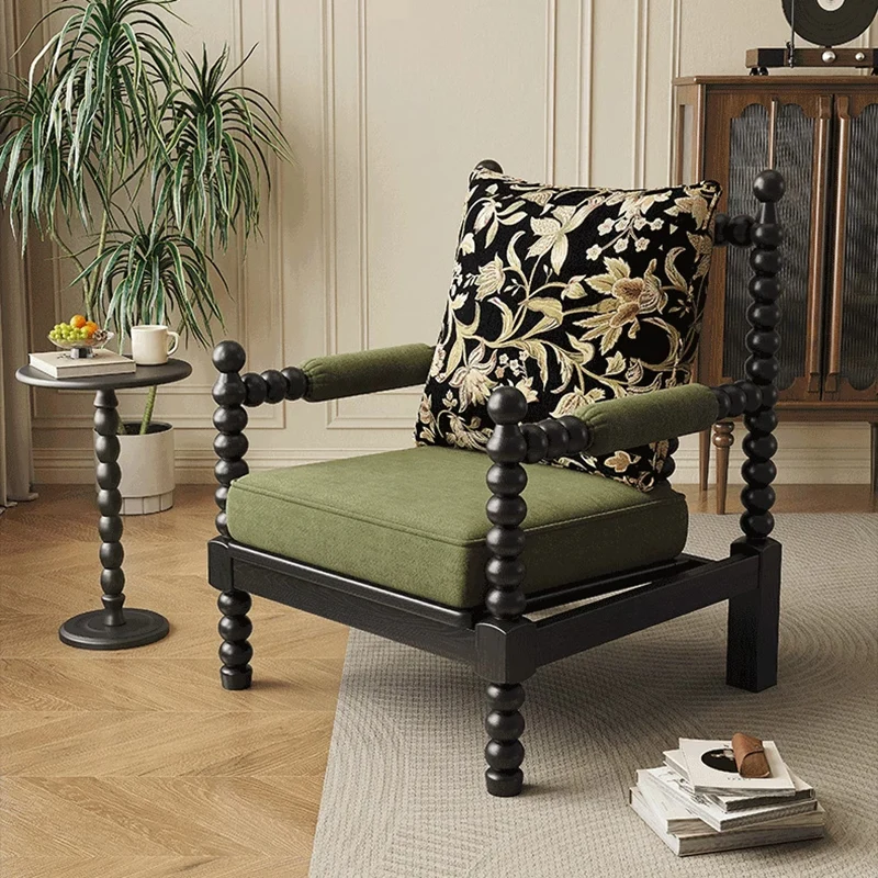 Traditional French Solid Wood Fabric Linen Upholstered Accent Chair With Backrest & Armrests For Living Room