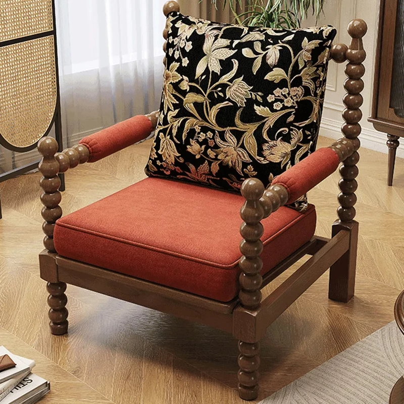 Traditional French Solid Wood Fabric Linen Upholstered Accent Chair With Backrest & Armrests For Living Room