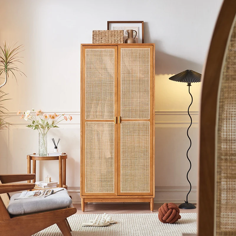 Traditional Japanese Natural Rattan Weaving Ash Wood & Plywood Rectangular Wardrobe With 5-Tier Storage & Hanging Rod For Bedroom