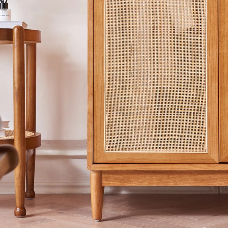 Traditional Japanese Natural Rattan Weaving Ash Wood & Plywood Rectangular Wardrobe With 5-Tier Storage & Hanging Rod For Bedroom
