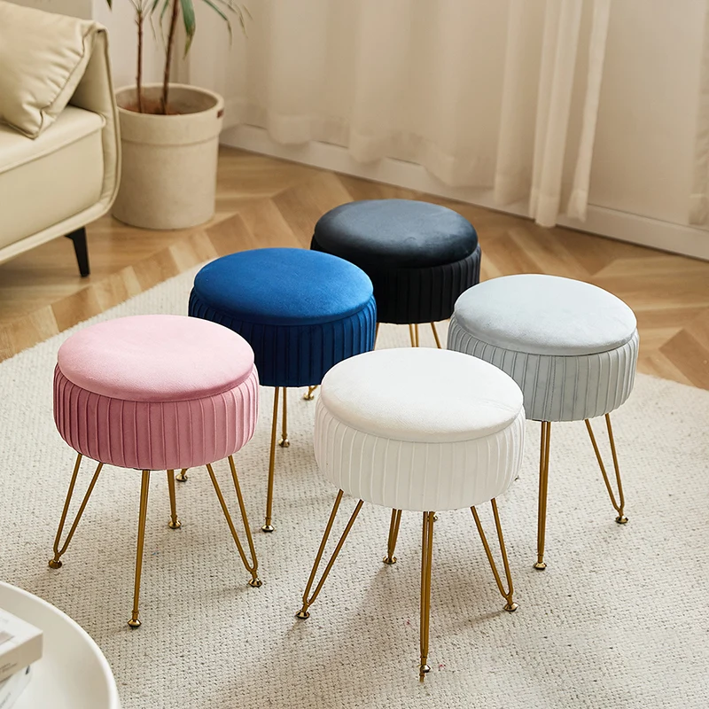 Contemporary Nordic Velvet Sponge Iron MDF Round Hidden Storage Compartment Vanity Stool Backless Armless For Bedroom