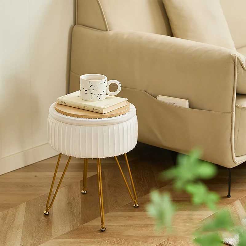 Contemporary Nordic Velvet Sponge Iron MDF Round Hidden Storage Compartment Vanity Stool Backless Armless For Bedroom