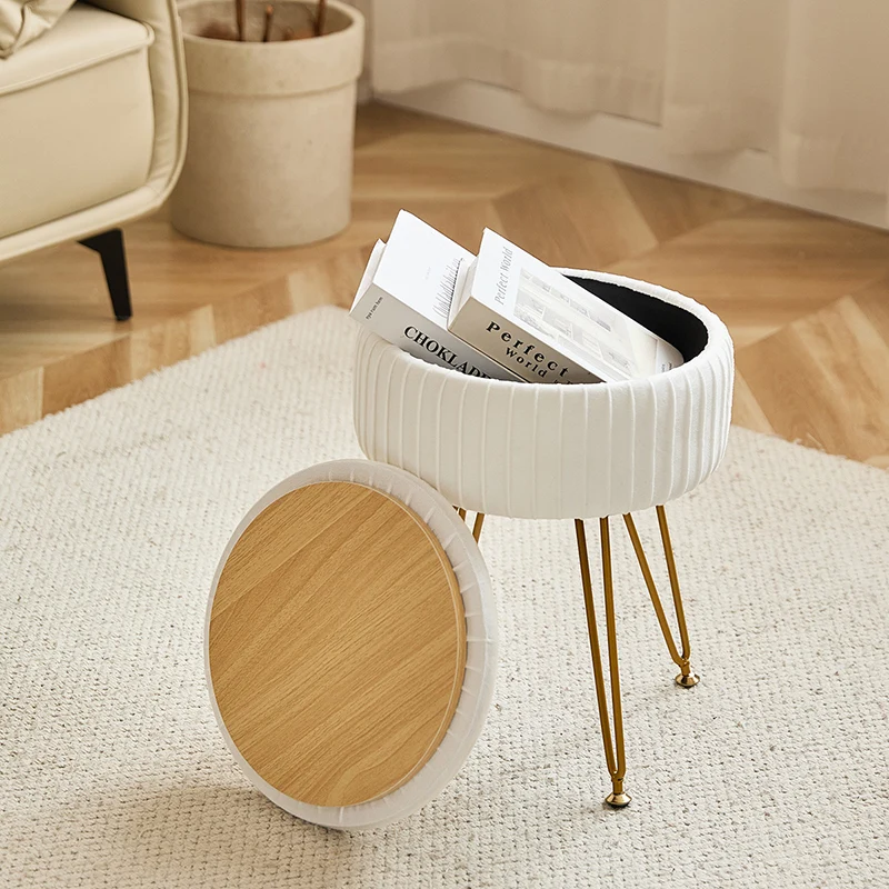 Contemporary Nordic Velvet Sponge Iron MDF Round Hidden Storage Compartment Vanity Stool Backless Armless For Bedroom