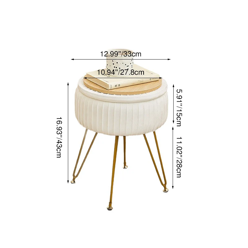 Contemporary Nordic Velvet Sponge Iron MDF Round Hidden Storage Compartment Vanity Stool Backless Armless For Bedroom