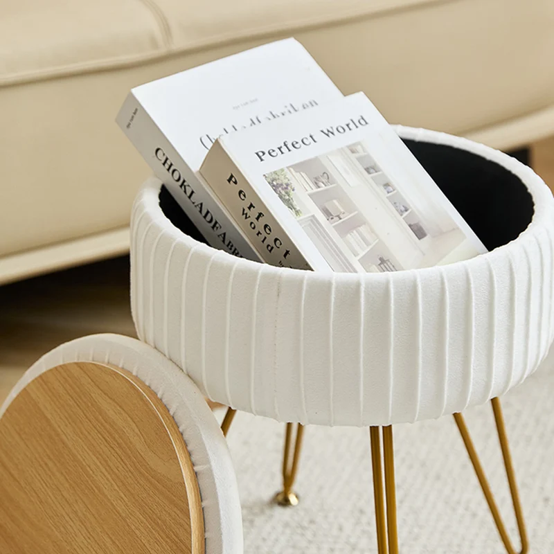 Contemporary Nordic Velvet Sponge Iron MDF Round Hidden Storage Compartment Vanity Stool Backless Armless For Bedroom