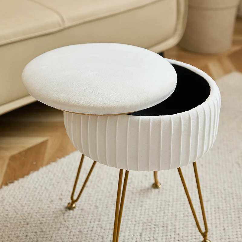 Contemporary Nordic Velvet Sponge Iron MDF Round Hidden Storage Compartment Vanity Stool Backless Armless For Bedroom