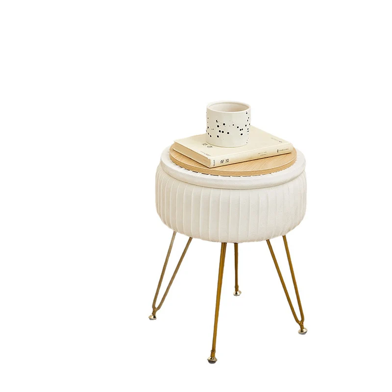 Contemporary Nordic Velvet Sponge Iron MDF Round Hidden Storage Compartment Vanity Stool Backless Armless For Bedroom