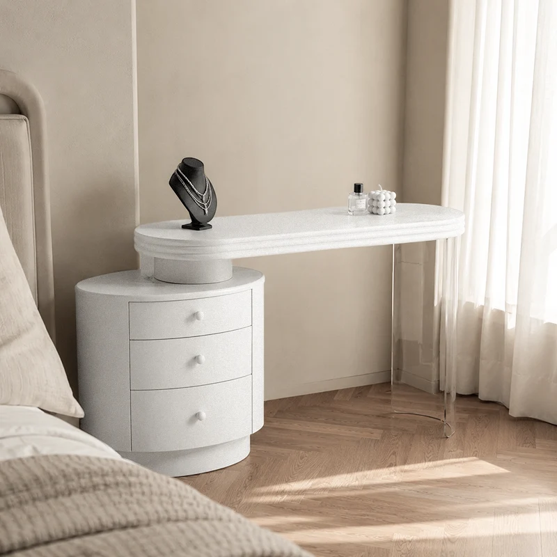 Contemporary Extendable Vanity Desk With 3-Drawer Storage Makeup Vanity - Nordic White MDF Dressing Table, Oval Desktop For Bedroom