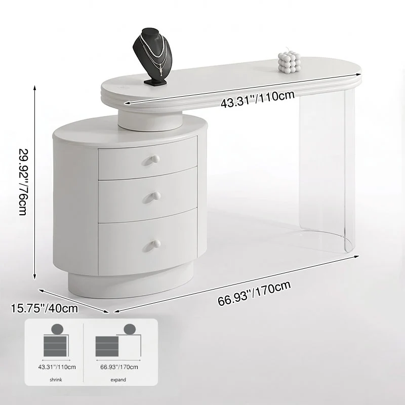 Contemporary Extendable Vanity Desk With 3-Drawer Storage Makeup Vanity - Nordic White MDF Dressing Table, Oval Desktop For Bedroom