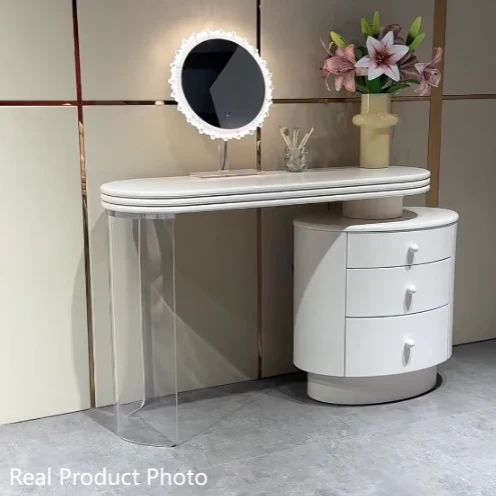 Contemporary Extendable Vanity Desk With 3-Drawer Storage Makeup Vanity - Nordic White MDF Dressing Table, Oval Desktop For Bedroom