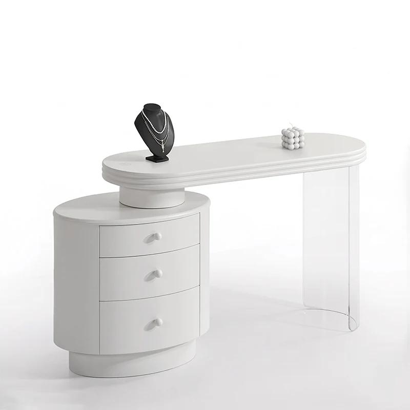 Contemporary Extendable Vanity Desk With 3-Drawer Storage Makeup Vanity - Nordic White MDF Dressing Table, Oval Desktop For Bedroom