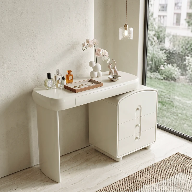 Contemporary Curved Storage Cabinet With Extendable Tabletop Makeup Vanity - Nordic Space-Saving Dressing Station With 4 Drawers For Bedroom