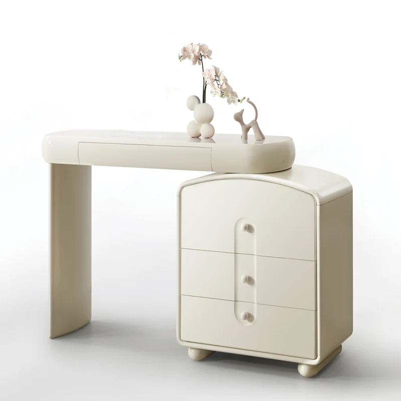 Contemporary Curved Storage Cabinet With Extendable Tabletop Makeup Vanity - Nordic Space-Saving Dressing Station With 4 Drawers For Bedroom