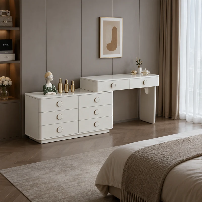 Modern Minimalist Dressing Table With 8-Drawers - Curved Rounded Makeup Vanity For Bedroom