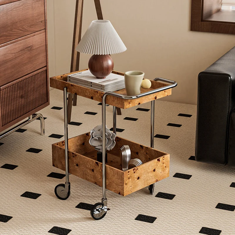 Contemporary Scandinavian Rectangular Rubberwood Stainless Steel Movable End Table 2-Tier For Living Room