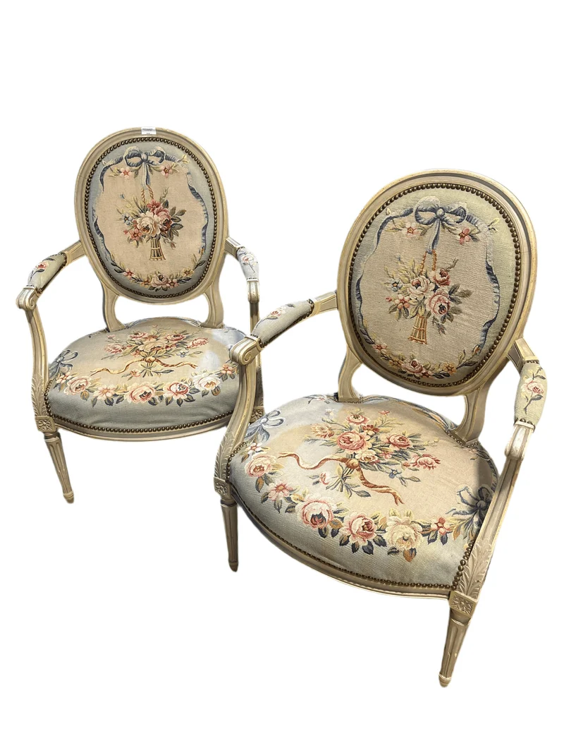 Pair of Louis XVI medallion armchairs with Beauvais upholstery