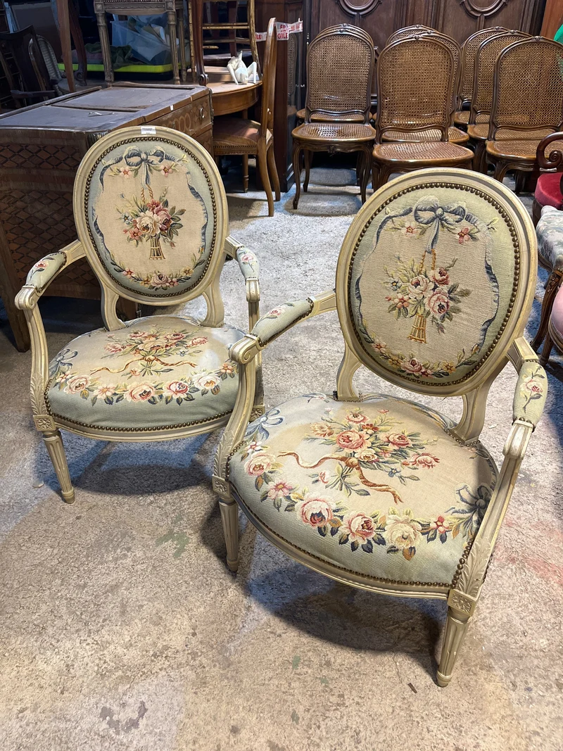 Pair of Louis XVI medallion armchairs with Beauvais upholstery