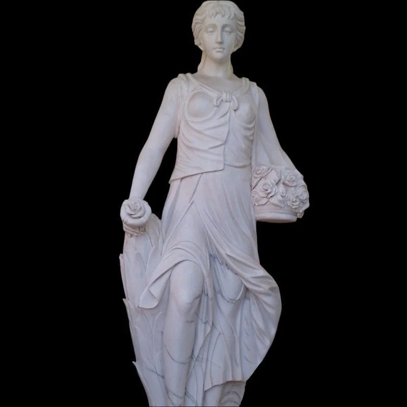 Large marble sculpture of a woman, wheat ears, and flower basket