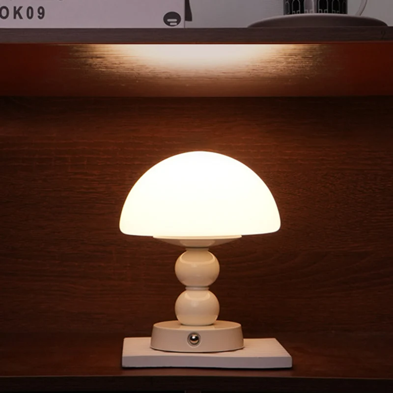 USB Rechargeable Mushroom Ambient Infinitely Dimmable Table Lamp - Creative Aluminum Alloy Bedside Lamp Cream Style Glass Table Light For Bedroom