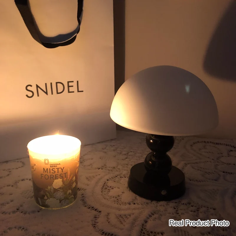 USB Rechargeable Mushroom Ambient Infinitely Dimmable Table Lamp - Creative Aluminum Alloy Bedside Lamp Cream Style Glass Table Light For Bedroom