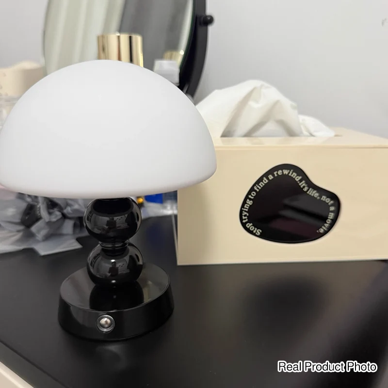 USB Rechargeable Mushroom Ambient Infinitely Dimmable Table Lamp - Creative Aluminum Alloy Bedside Lamp Cream Style Glass Table Light For Bedroom