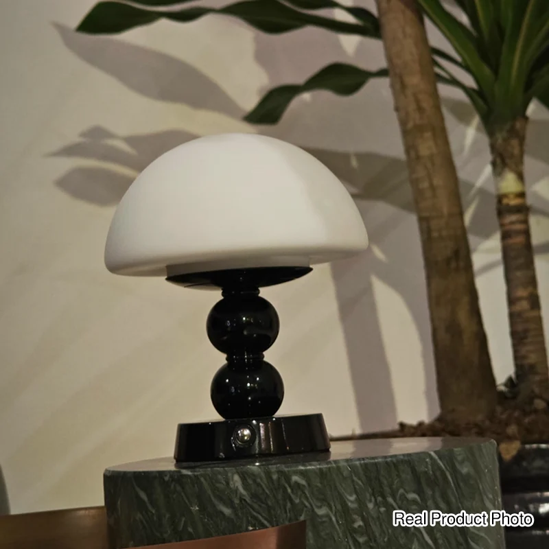 USB Rechargeable Mushroom Ambient Infinitely Dimmable Table Lamp - Creative Aluminum Alloy Bedside Lamp Cream Style Glass Table Light For Bedroom