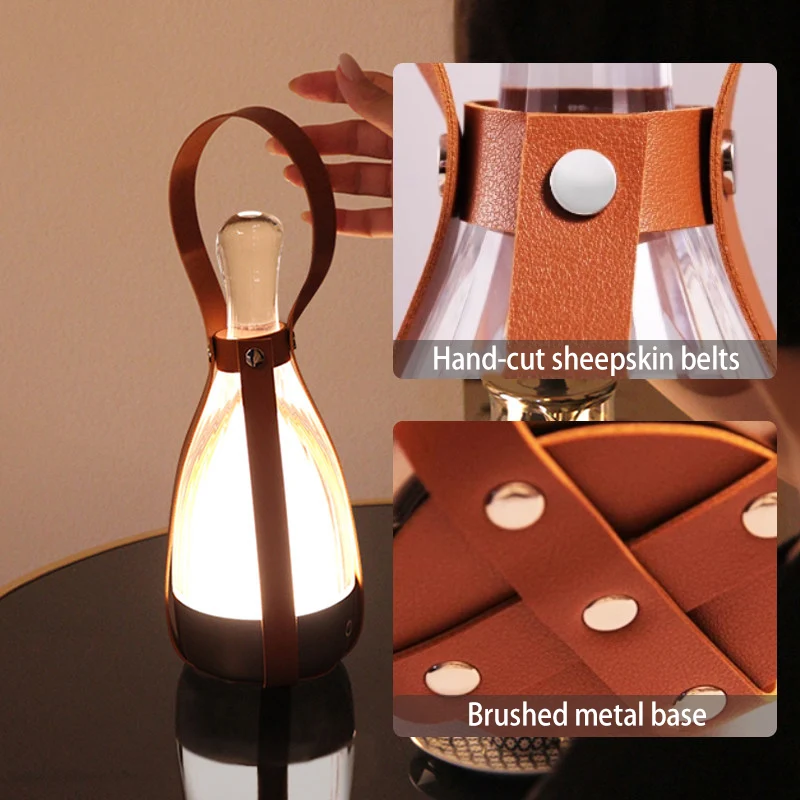Modern Minimalist Portable Chrome Genuine Sheepskin Hardware Glass Table Lamp - Ambient Camping Light For Bedroom Dining Outdoor