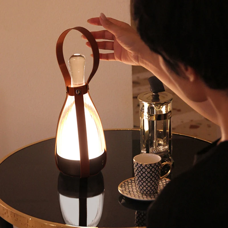 Modern Minimalist Portable Chrome Genuine Sheepskin Hardware Glass Table Lamp - Ambient Camping Light For Bedroom Dining Outdoor