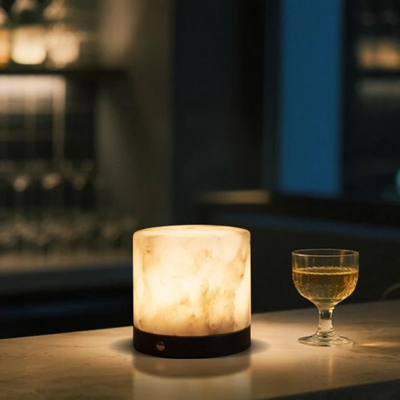 Contemporary Scandinavian Natural Marble Aluminum Alloy Table Lamp - Alabaster Ambient Bedside Lamp With Touch Dimming & USB Rechargeable Light
