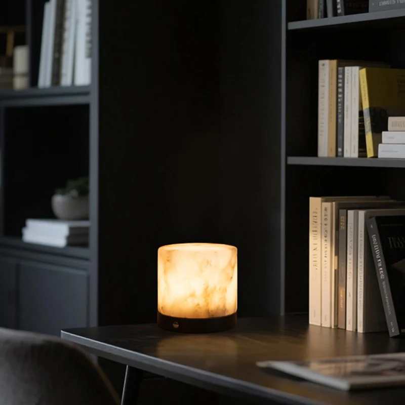 Contemporary Scandinavian Natural Marble Aluminum Alloy Table Lamp - Alabaster Ambient Bedside Lamp With Touch Dimming & USB Rechargeable Light