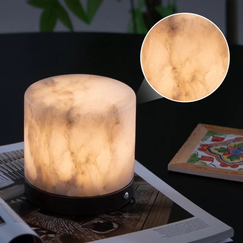 Contemporary Scandinavian Natural Marble Aluminum Alloy Table Lamp - Alabaster Ambient Bedside Lamp With Touch Dimming & USB Rechargeable Light