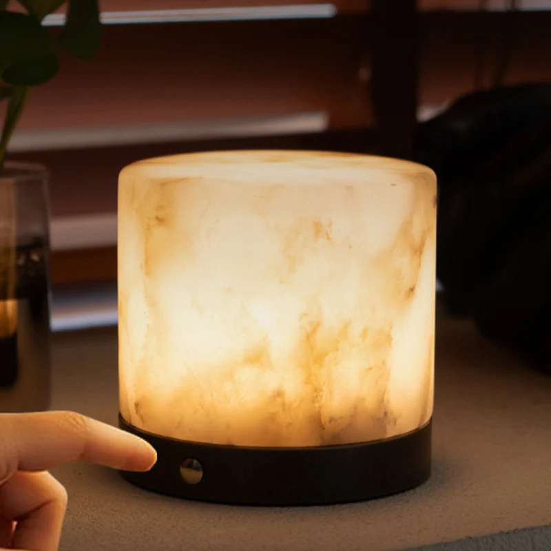 Contemporary Scandinavian Natural Marble Aluminum Alloy Table Lamp - Alabaster Ambient Bedside Lamp With Touch Dimming & USB Rechargeable Light