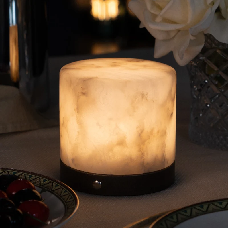 Contemporary Scandinavian Natural Marble Aluminum Alloy Table Lamp - Alabaster Ambient Bedside Lamp With Touch Dimming & USB Rechargeable Light