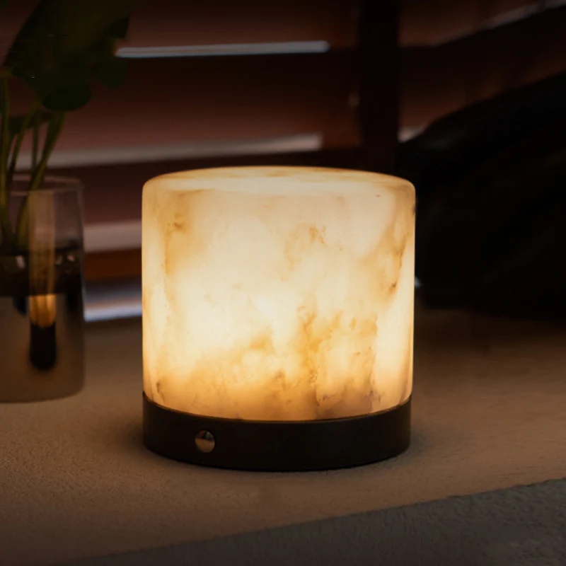 Contemporary Scandinavian Natural Marble Aluminum Alloy Table Lamp - Alabaster Ambient Bedside Lamp With Touch Dimming & USB Rechargeable Light
