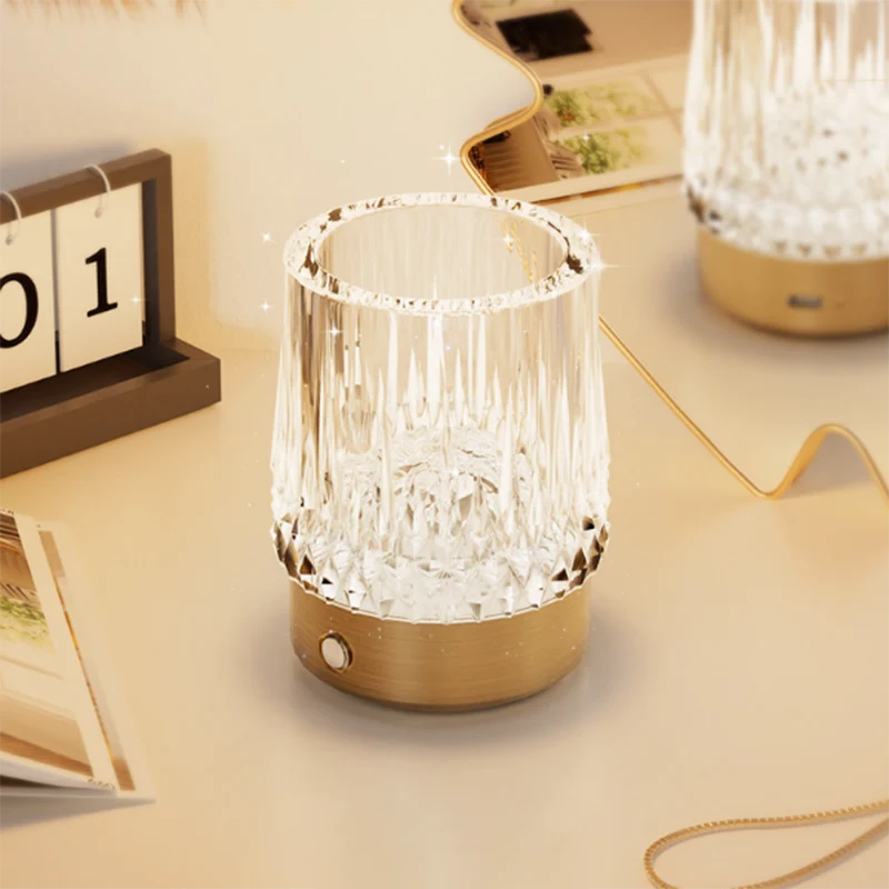 Diamond Glow Luxury Bedside Table Lamp - Acrylic & Aluminum Ambient Night Light Glacier & Warm Sun Collection
